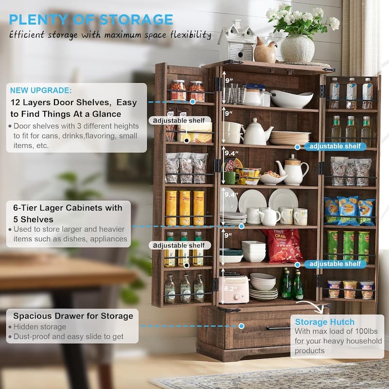 72" Farmhouse Kitchen Pantry Cabinet, Tall Storage Cabinet, Cupboard