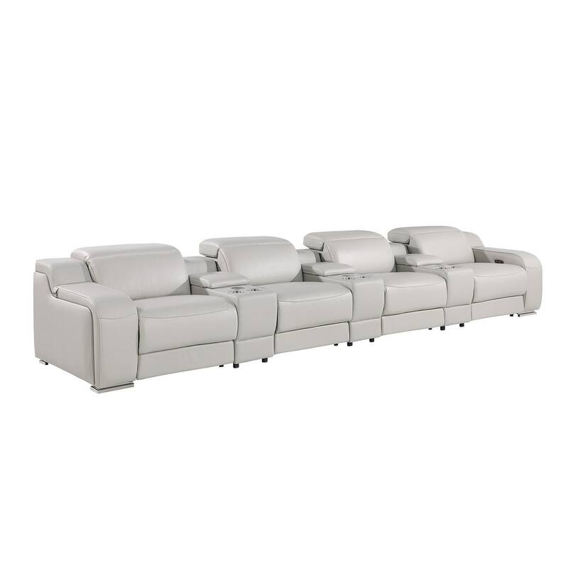 HomeRoots 169" Light Gray Italian Leather Reclining USB Sofa