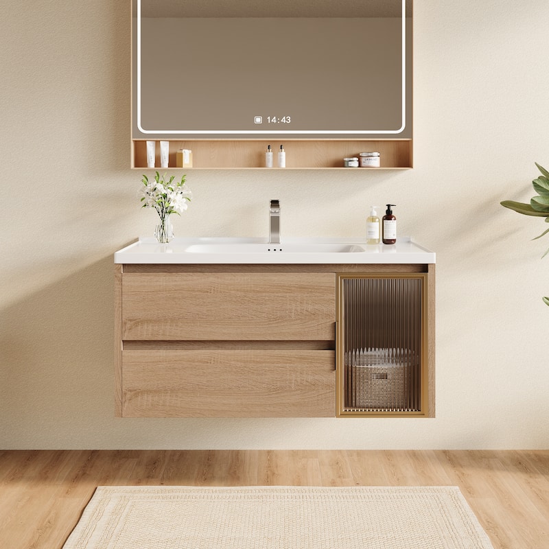 35.8" Single Bathroom Vanity with Sink, Glossy Stone Table top, Not Assembled need - 36"
