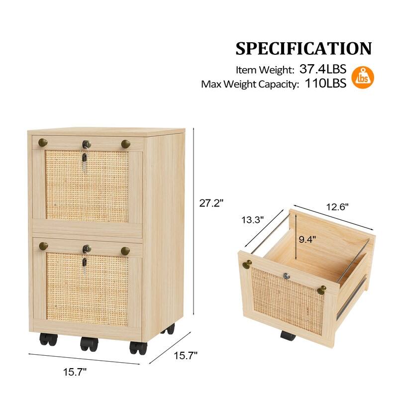 Mobile File Cabinet Wood Rattan 2-Drawer with Lock