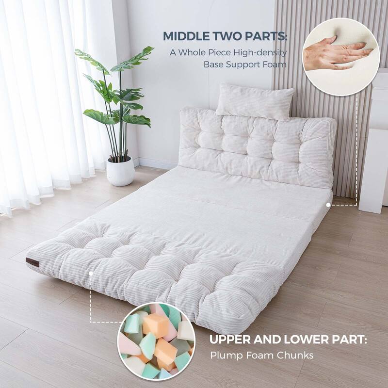 Corduroy Bean Bag Bed Tufted Folding Sofa Bed with Pillows