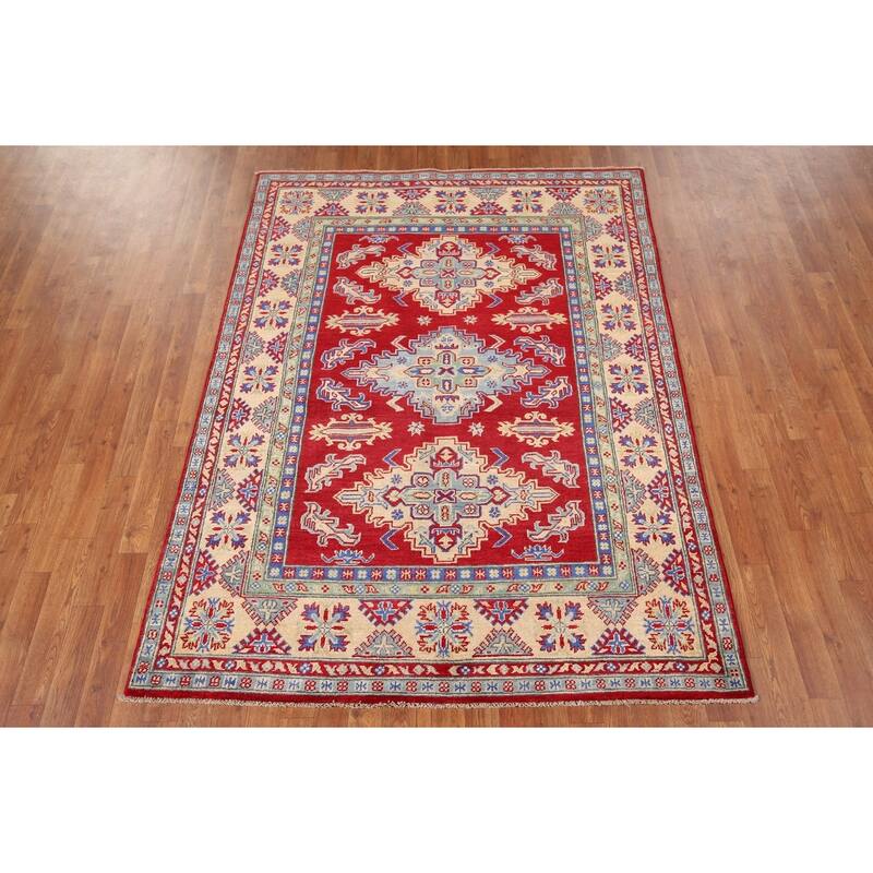 Geometric Red Kazak Rug Handmade Oriental Wool Carpet - 5'1" x 6'9"
