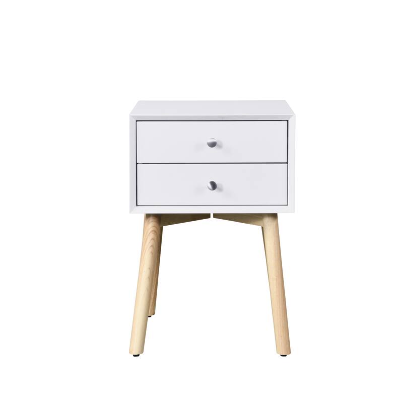 Side Table, Bedside Table With 2 Drawers And Rubber Wood Legs