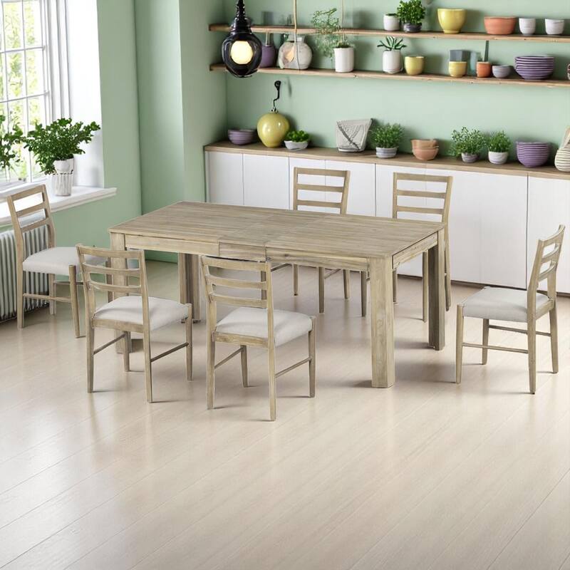 7-Piece Extendable Dining Set with 2 Drawers, Solid Wood Table and 6 Upholstered Chairs - Expandable for Kitchen & Dining Room - Natural Wood Wash