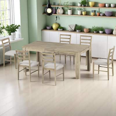 7-Piece Extendable Dining Set with 2 Drawers, Solid Wood Table and 6 Upholstered Chairs - Expandable for Kitchen & Dining Room