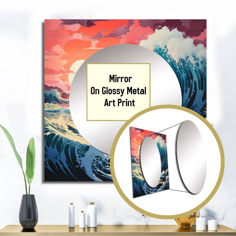 Designart "Dramatic Ocean Waves II" Modern Wall Mirror - Coastal Large Square Printed Mirror For Hallway