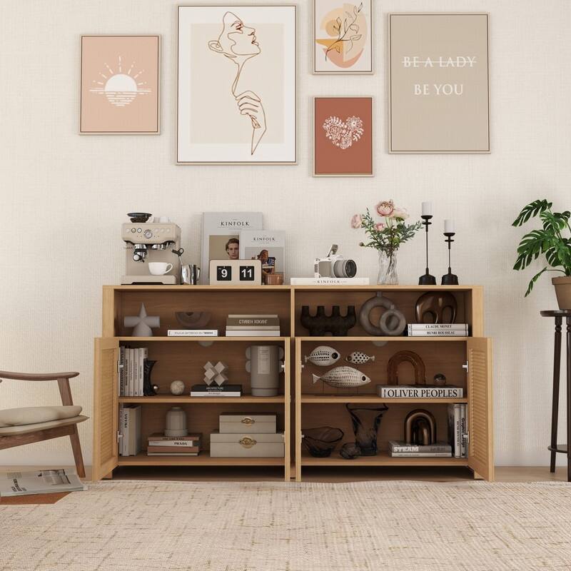 Mid Century Modern 63" Wide 4 - Cane Rattan Door Storage Sideboard with Open Shelf, Wine Bar Credenza for Living Room Entryway