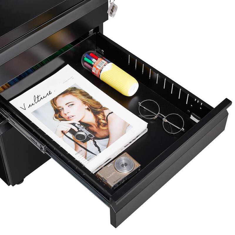 Modern 3-Drawer Mobile Filing Cabinet with Lock, Stationery Drawers and Removable Hanging Rods, for Home Office