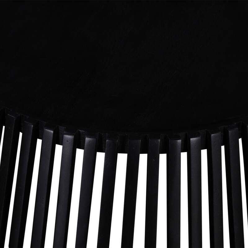 Coffee Table, 31 Inch Round Top, Slatted Drum Shape, Black Mango Wood