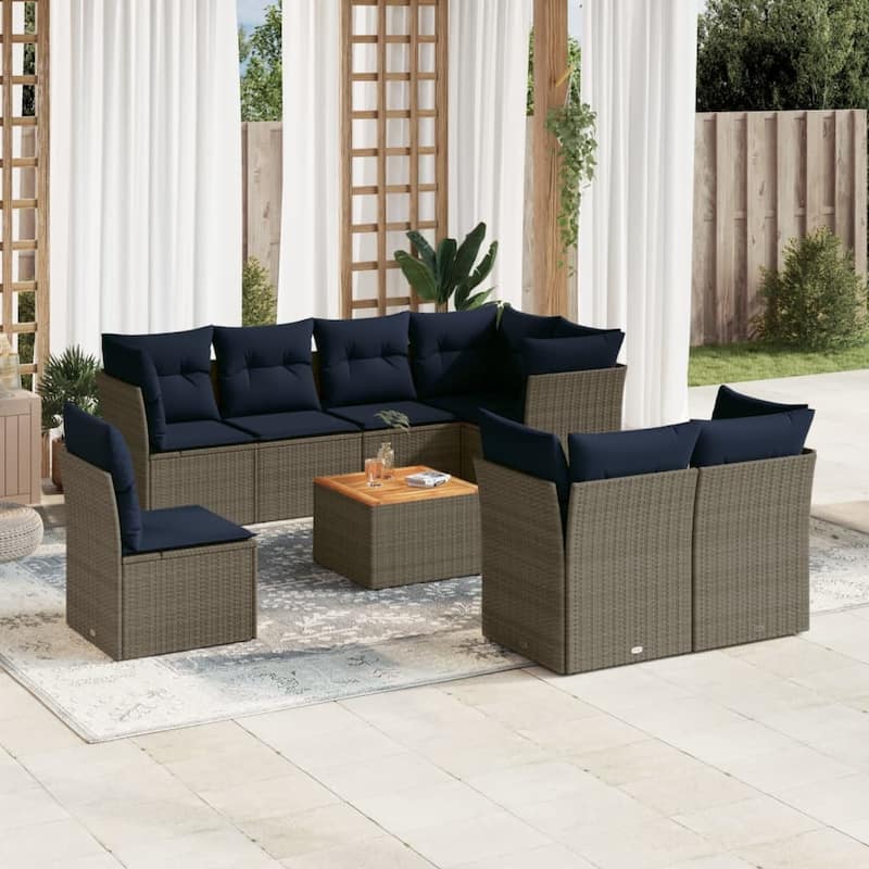 vidaXL Patio Sofa Set with Cushions Outdoor Furniture 9 Piece Poly Rattan - 24.4" x 24.4" x 27.2" - Gray - form2