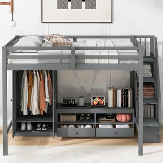 Solid Wood Full Size Loft Bed Frame,Multifunctional Loft Bed with Built-in Wardrobe,Storage Table and Storage Staircase