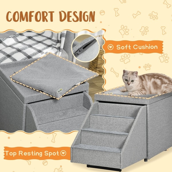 Image showcasing PawHut Storage Ottoman Dog Stairs / Cat Stairs for Small Dogs & Old ...