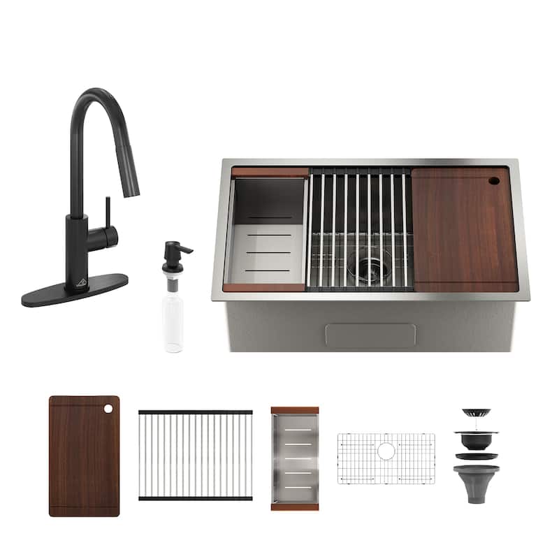 Nano Brushed Stainless Steel Undermount Workstation Kitchen Sink with Touchless Pull-Down Kitchen Faucet and Accessories - 32" Sink + 2-Spray Matte Black Pull-Down Faucet - 32 x 19 x 10