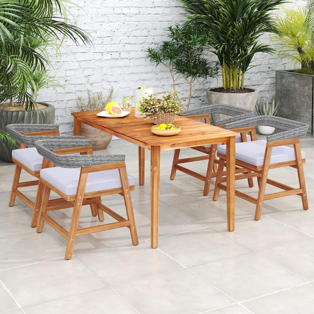 Gymax 5PCS Patio Dining Set Solid Wood Furniture w/ Rattan Backrest &