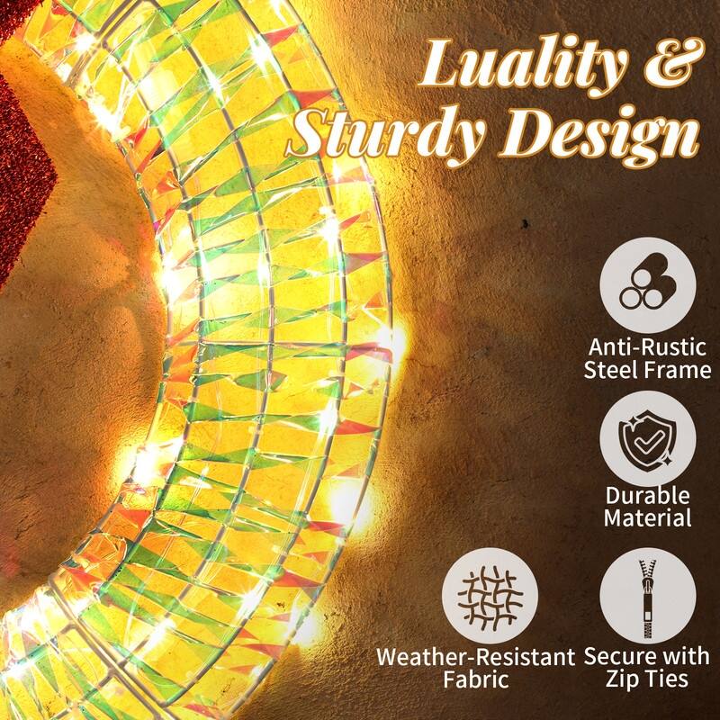 24in Pre-lit Iridescent Outdoor Christmas Wreath Decoration, Lighted Metal Wreath for Front Door Gate Wall Holiday Party