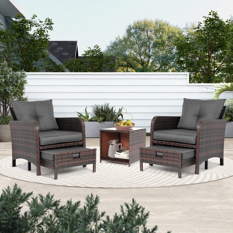 Patio Watcher 5 Piece Outdoor Seating Group with Cushions Brown Wicker Patio Conversation Set with Ottoman - Grey