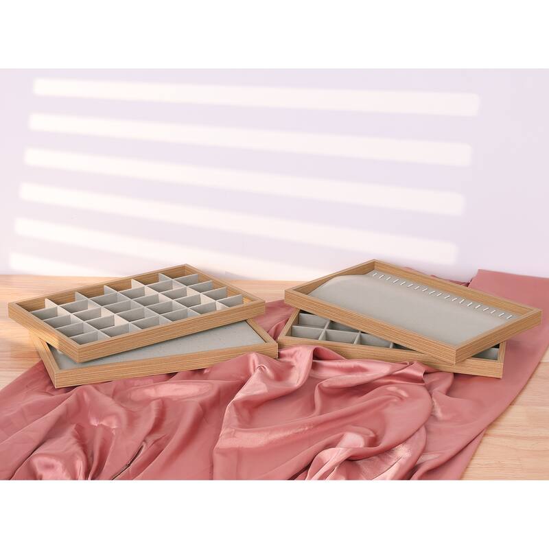 Set of 2 Wood Jewelry Trays for Drawers Stackable, Girls' Jewelry Organizer Drawer Inserts Display Storage - Light Brown