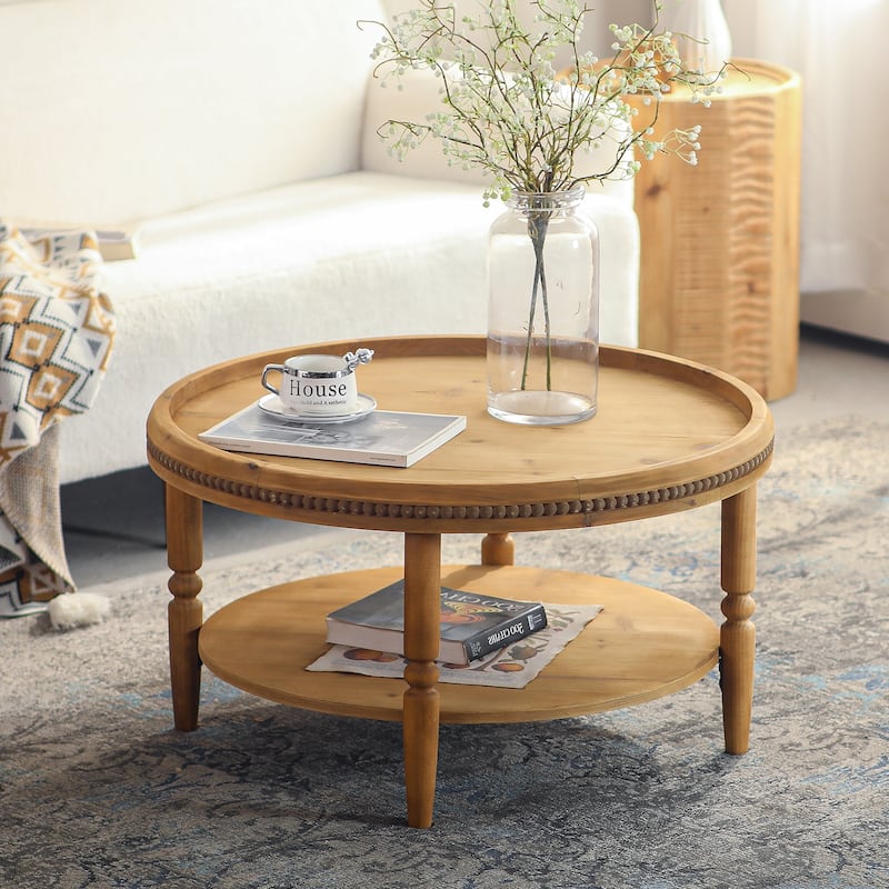 31.3" Round Boho Coffee Table with Storage Shelf - 2-Tier Accent Table with Beaded Trim & Curved Solid Wood Legs - Walnut Brown