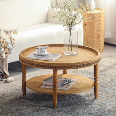 31.3" Round Boho Coffee Table with Storage Shelf - 2-Tier Accent Table with Beaded Trim & Wood Legs
