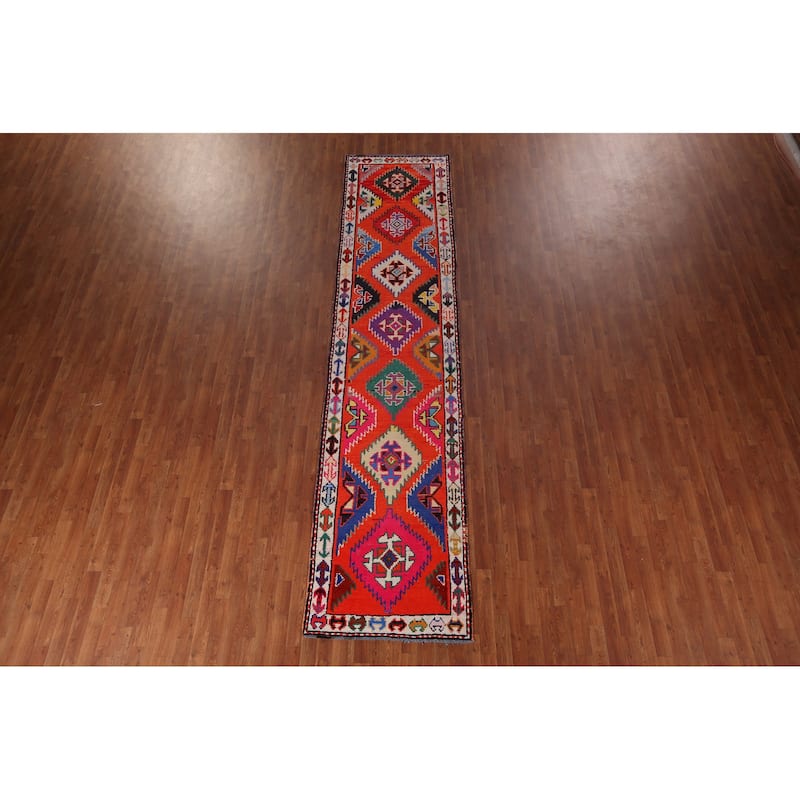 Orange Tribal Anatolian Oriental Runner Rug Handmade Silk Carpet - 3'0"x 13'3"