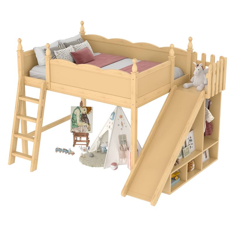 Full Loft Bed with Storage Shelves and Wardrobe, Solid Wood Loft Beds with Detachable Slide and Ladders, No Spring Box Needed