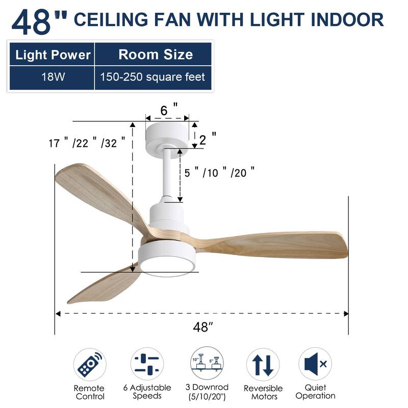 48 Inch Low Profile Ceiling Fan with Dimmable Light, 6 Speed Reversible Remote Ceiling Fan with 3 Solid Wood Blades