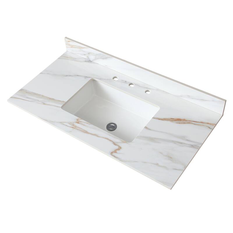 31 Inch Marble Vanity Top,Bathroom Vanity Top with Undermount Rectangular Middle Sink and 4 Inch Height Backsplash - White Marble2
