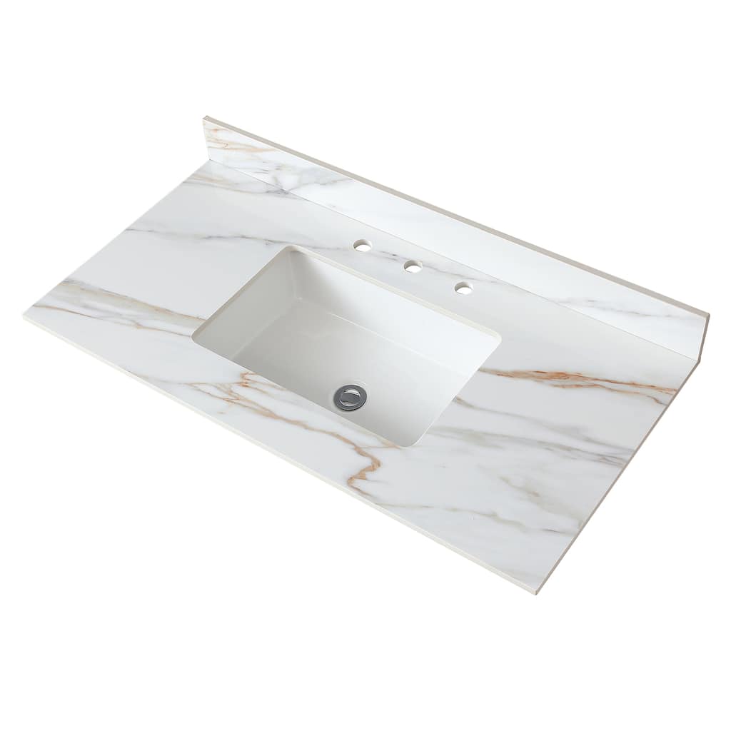 43-Inch Carrara White Vanity Top with 4-Inch Backsplash, Rectangular Ceramic Sink, Eco-Friendly