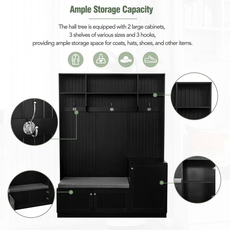 All-in-One Hall Tree with Bench and Shoe Storage, Entryway Upholstered Storage Bench Modern Wood Coat Rack with Hooks