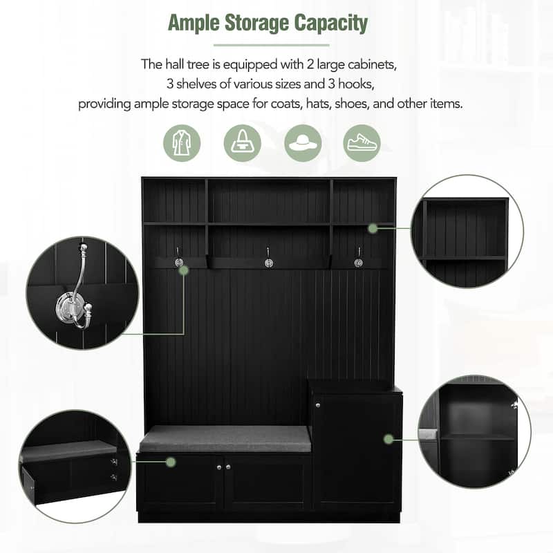 Modern Hall Tree with Padded Bench, 3 Cabinets, 3 Hooks, Shelves, Entryway Coat Rack & Shoe Storage, 59" Wide