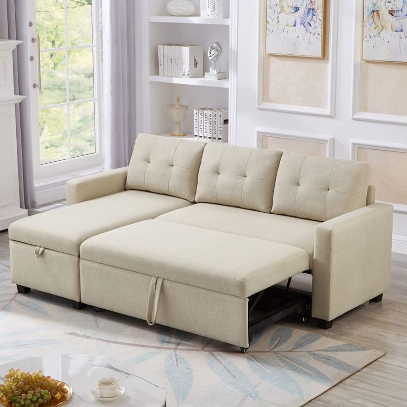 Upholstered Pull Out Sectional Sofa with Storage Chaise, Convertible Corner Couch - Beige