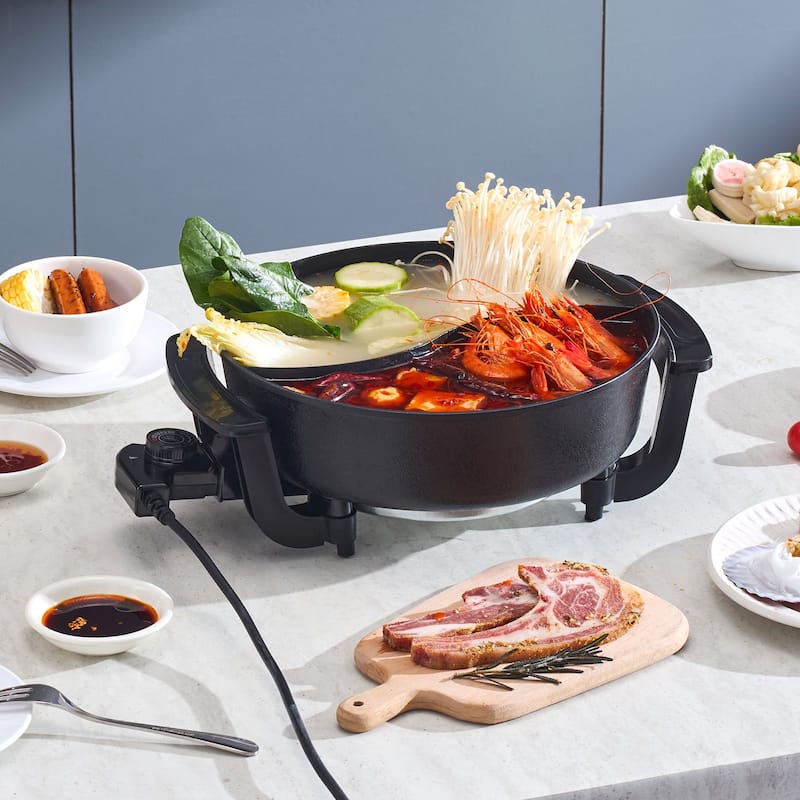 5L Dual-Sided Electric Hot Pot with Stepless Temperature Control Non-Stick Coating and Transparent Glass Lid