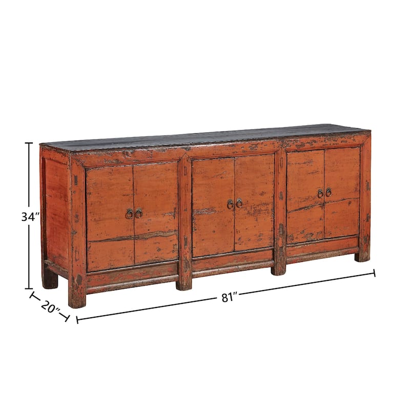 Antique 81-inch Amber Sideboard in Distressed Pine, Orange & Black
