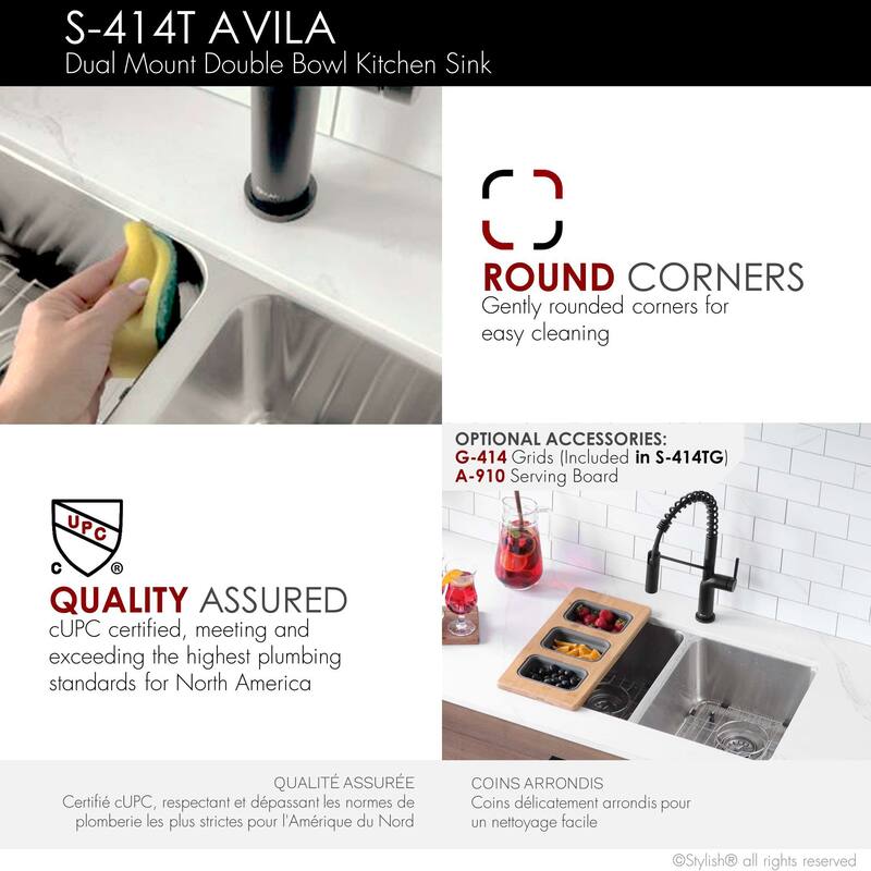 STYLISH 29 inch L x 18 inches W Double Bowl Undermount and Drop-in Stainless Steel Kitchen Sink - 29" x 18" x 8"