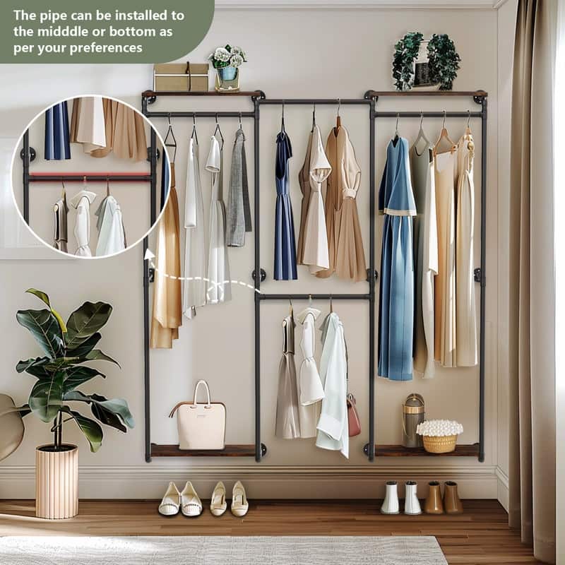 Industrial Pipe Clothes Rack Wall Mounted Clothing Rack Wardrobe Storage Clothes