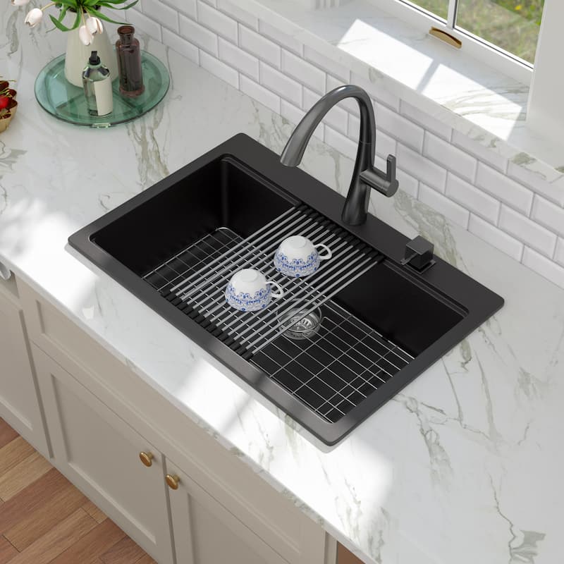 Kichae Granite Composite Drop-in Sink 33 inch Black Workstation Sink - 33"x22"x10"