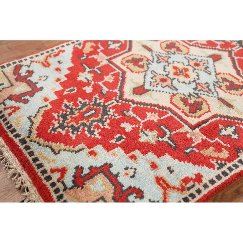 Geometric Red Kazak Indian Accent Rug Hand-Knotted Wool Carpet - 2'0"x 3'0"