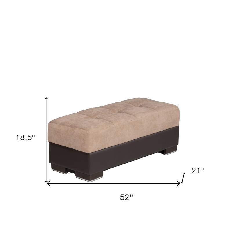 HomeRoots 52" Tan and Brown Chenille And Faux Leather Storage Ottoman