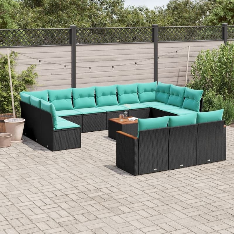 vidaXL 13 Piece Patio Sofa Set with Cushions Black Poly Rattan - 21.7x27.2x24.4 - With table