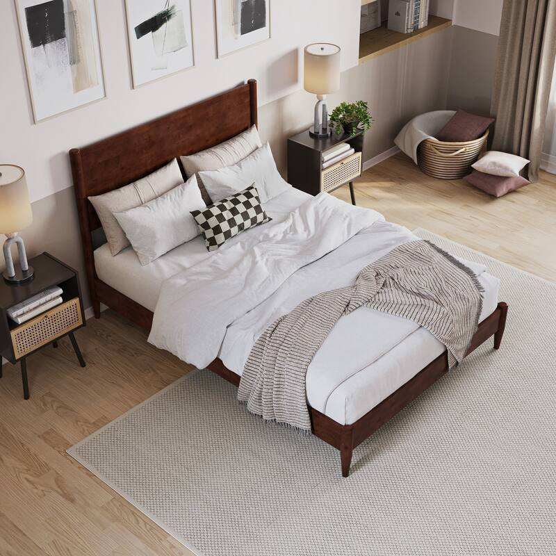 Solid Wood Low Profile Platform Bed - Walnut Finish, Modern Bedroom Furniture