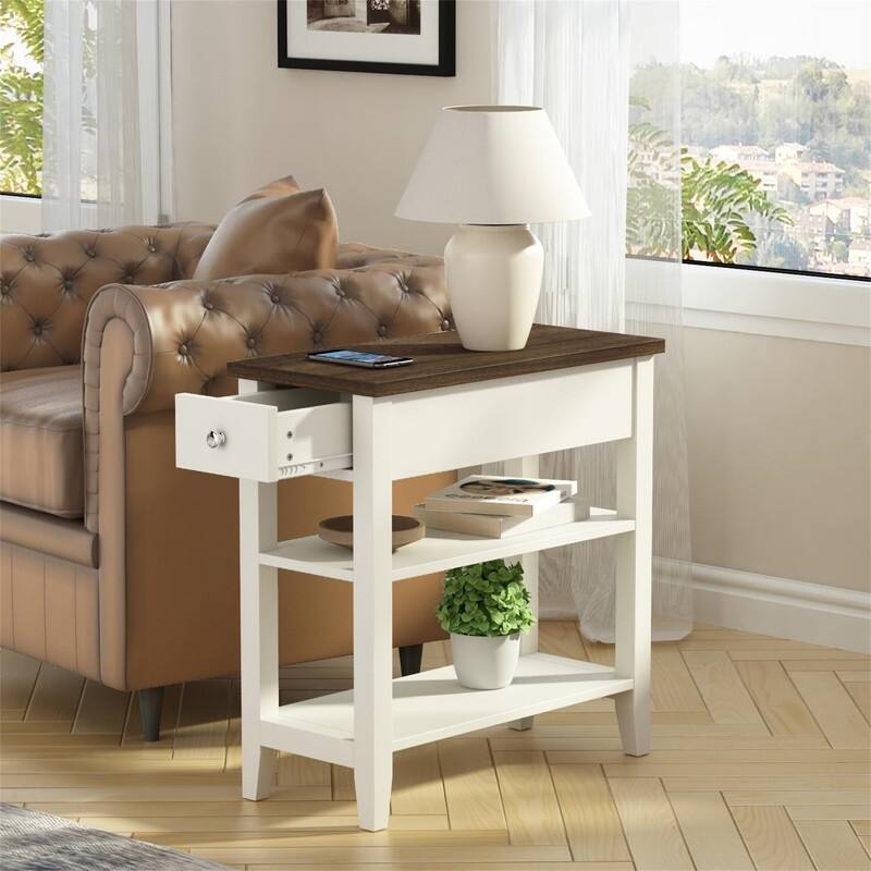 Narrow End Table with Drawer and Shelf - 11.22"D x 23.62"W x 24.02"H - White and Brown