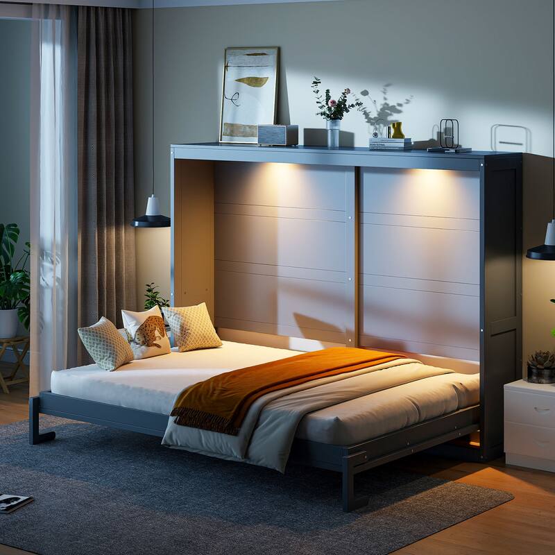 Modern Queen Size Murphy Wall Bed with LED Lights, Space-Saving Design, Gray