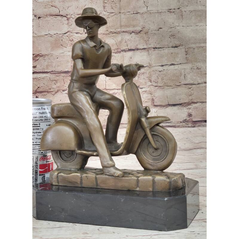 Man Riding Moped Bike Solid Bronze Sculpture Memorabilia Collectible Artwork