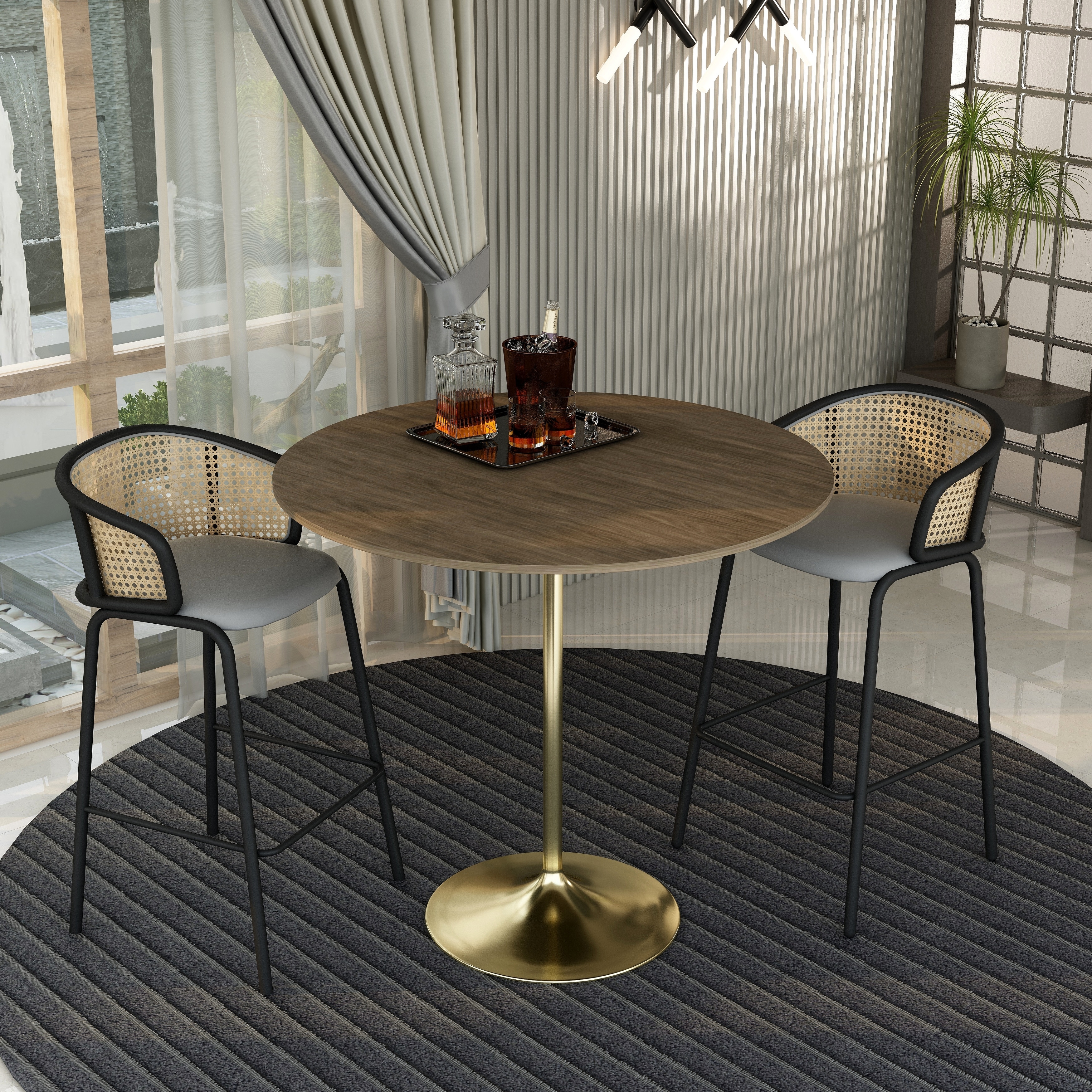 Verve 48" Modern Bar Height Dining Table, Brushed Gold Stainless Steel Pedestal Base MDF Pub Table
