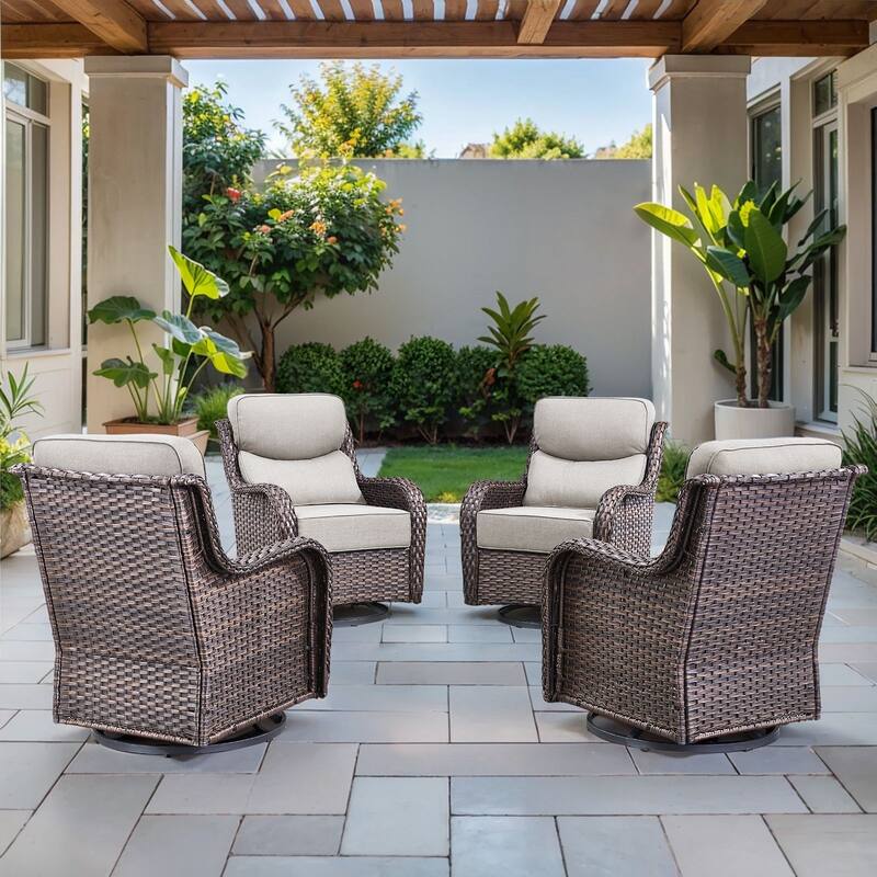 Arcadia Wicker Patio Swivel Glider Chairs with 6-Inch Cushions (4-Pack) - Beige Cushions - Brown Wicker
