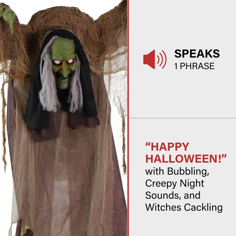 Haunted Hill Farm Animatronic Talking Hunchback Witch with Movement and Lights for Scary Halloween Decoration