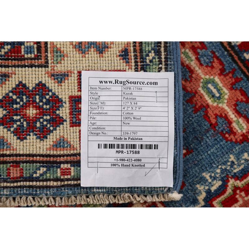 Blue Kazak Foyer Rug Handmade Geometric Wool Handmade Wool Carpet - 2'9" x 4'2"