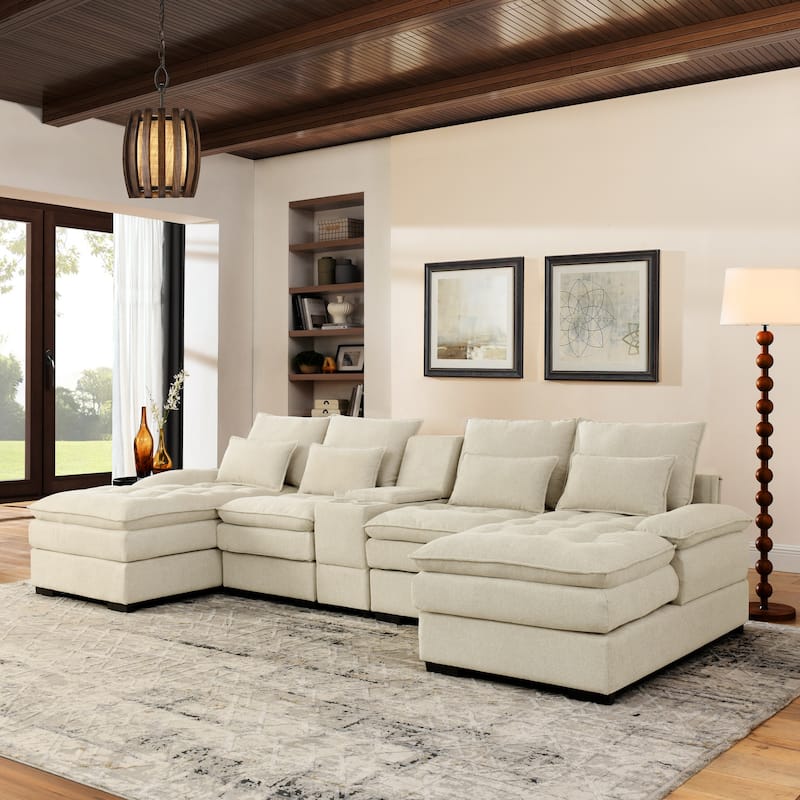 U-shaped Sectional Sofa with Chaise, Built-in Storage Console and Cup Holders, Linen Double-Layer Cushioning Lounge Couch - Beige