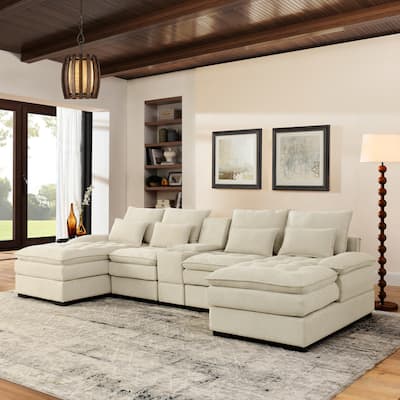 U-shaped Sectional Sofa with Chaise, Built-in Storage Console and Cup Holders, Linen Double-Layer Cushioning Lounge Couch