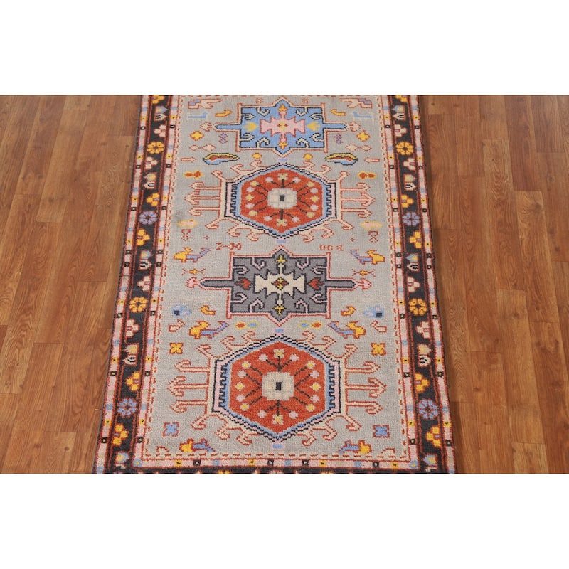 Geometric Grey Kazak Foyer Rug Hand-Knotted Wool Carpet - 3'0"x 5'0"